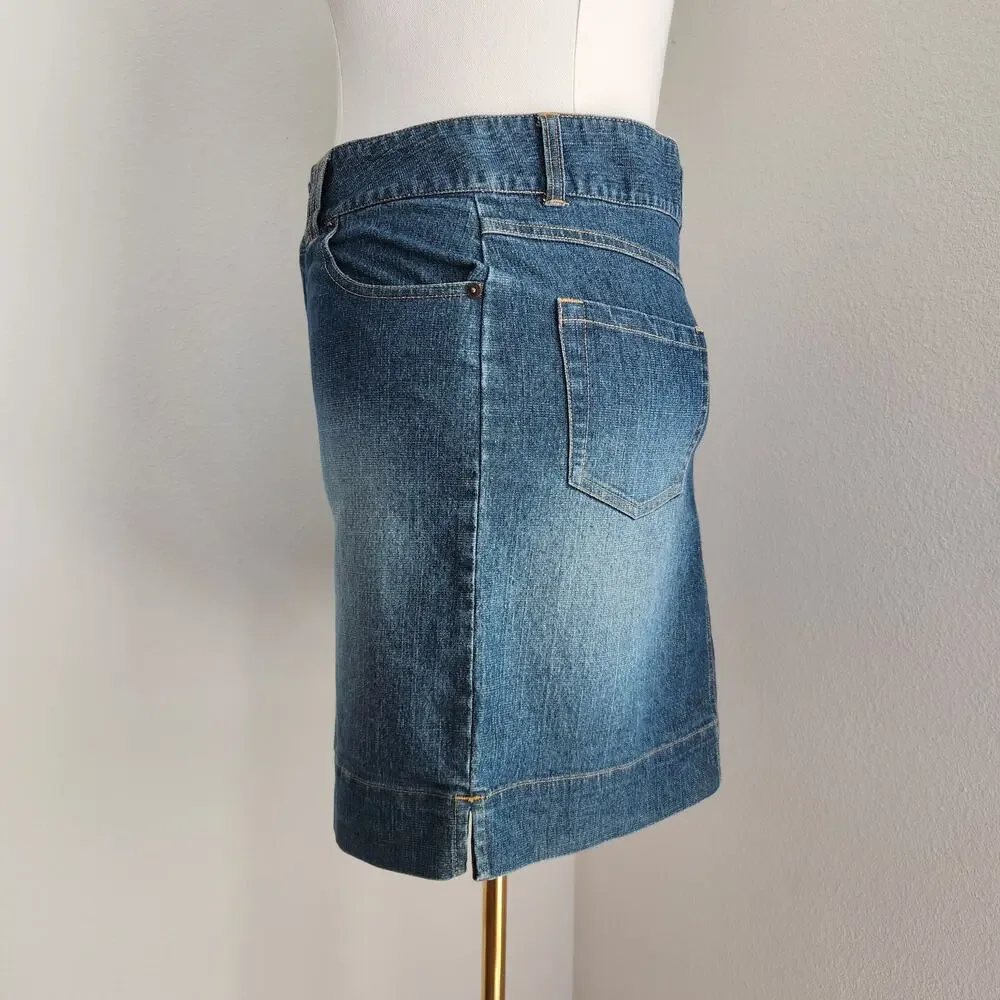 Vintage Y2K Medium Wash Denim Skirt Straight Knee Length Route 66 Size 10